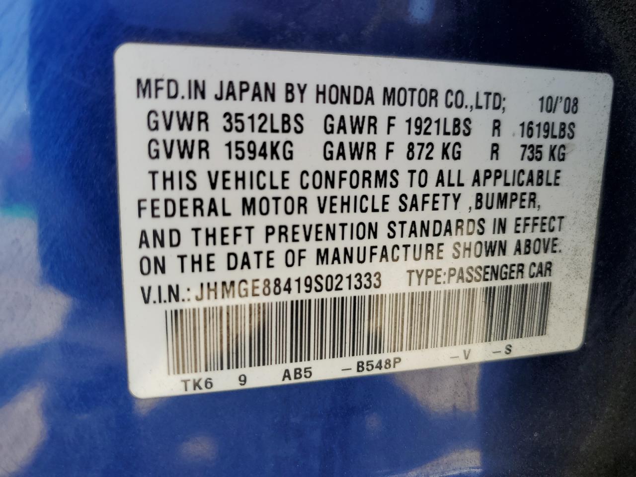 2009 Honda Fit Sport VIN: JHMGE88419S021333 Lot: 68884345