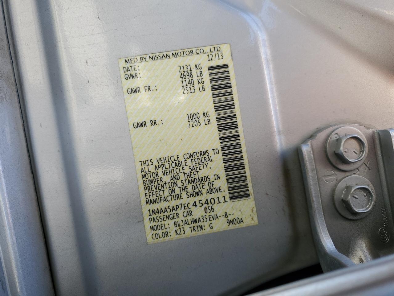 2014 Nissan Maxima S VIN: 1N4AA5AP7EC454011 Lot: 69620855