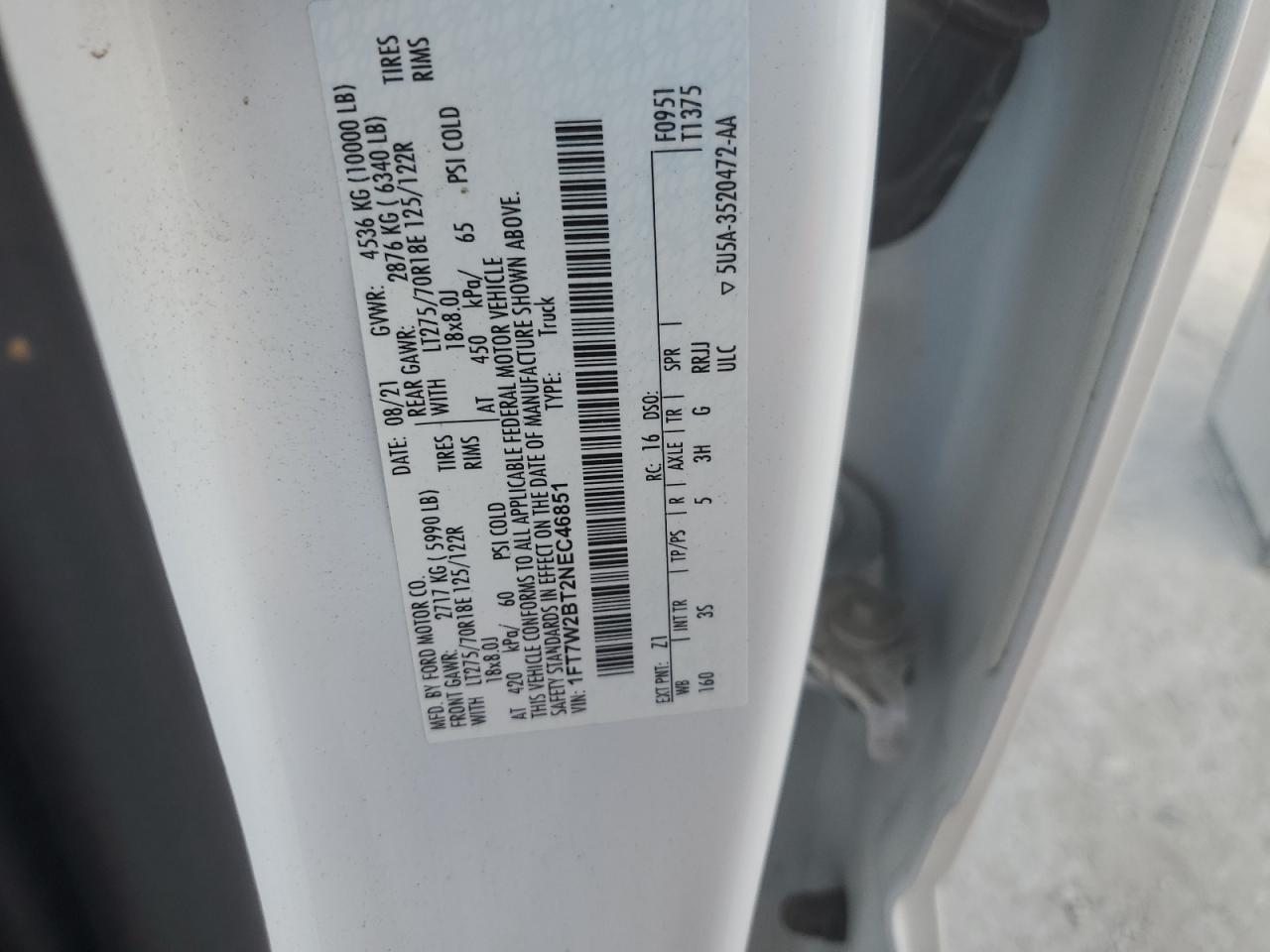 2022 Ford F250 Super Duty VIN: 1FT7W2BT2NEC46851 Lot: 69764615