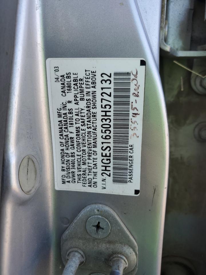 2003 Honda Civic Lx VIN: 2HGES16503H572132 Lot: 70773995