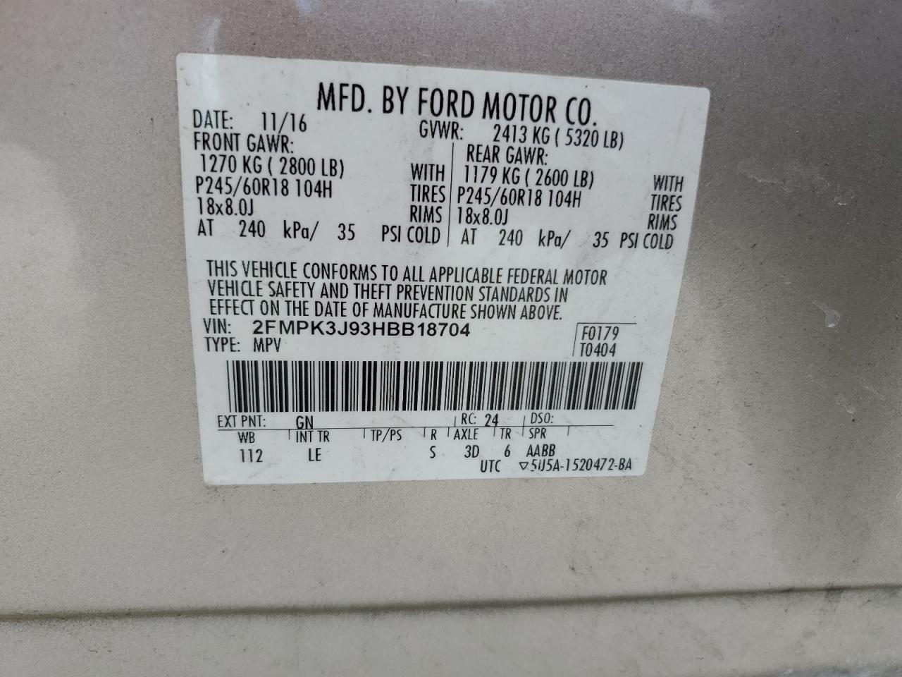 2017 Ford Edge Sel VIN: 2FMPK3J93HBB18704 Lot: 67478945