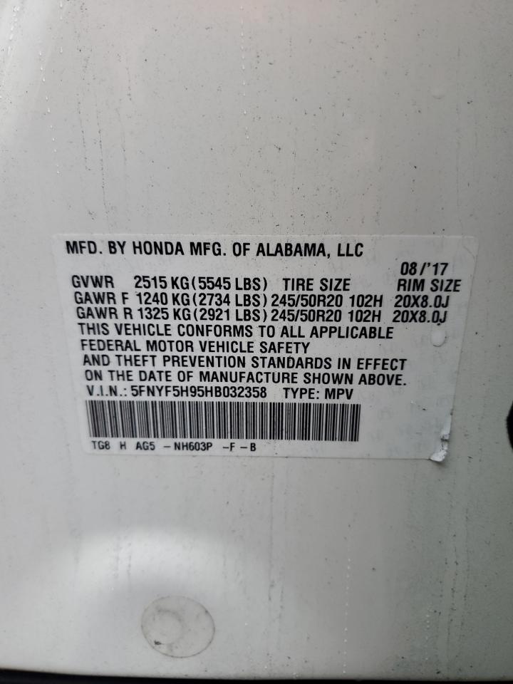 2017 Honda Pilot Touring VIN: 5FNYF5H95HB032358 Lot: 68666395