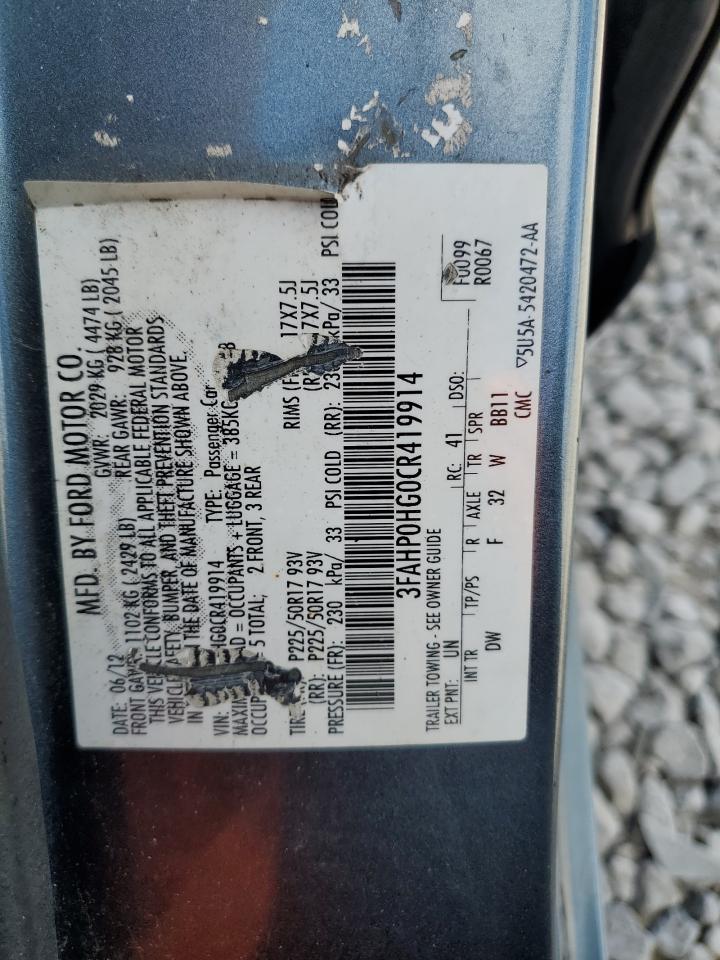 2012 Ford Fusion Se VIN: 3FAHP0HG0CR419914 Lot: 70215765