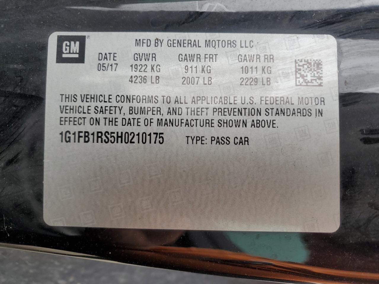 2017 Chevrolet Camaro Lt VIN: 1G1FB1RS5H0210175 Lot: 69609165