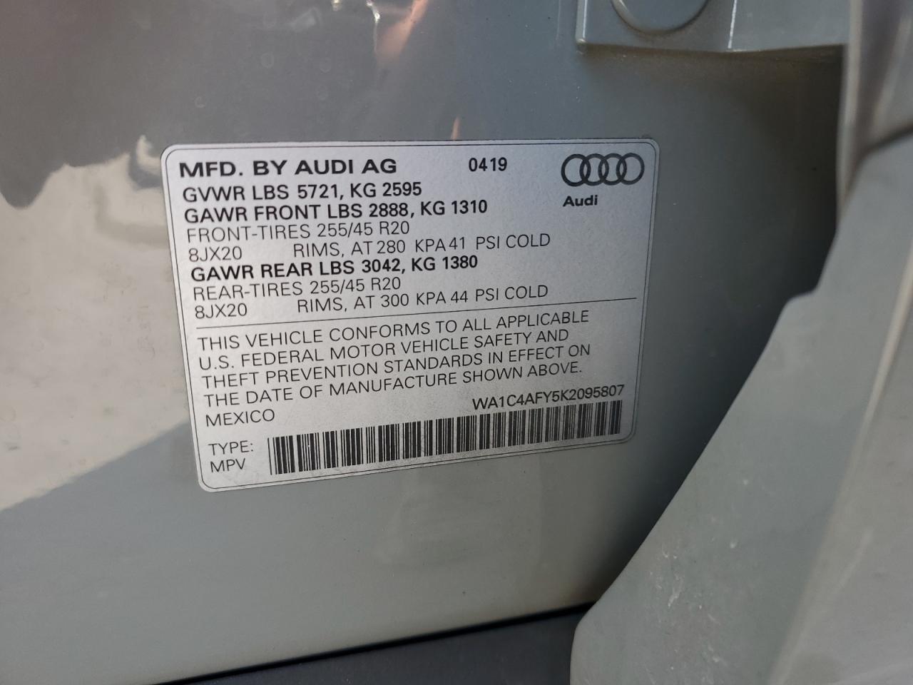 2019 Audi Sq5 Prestige VIN: WA1C4AFY5K2095807 Lot: 67799785