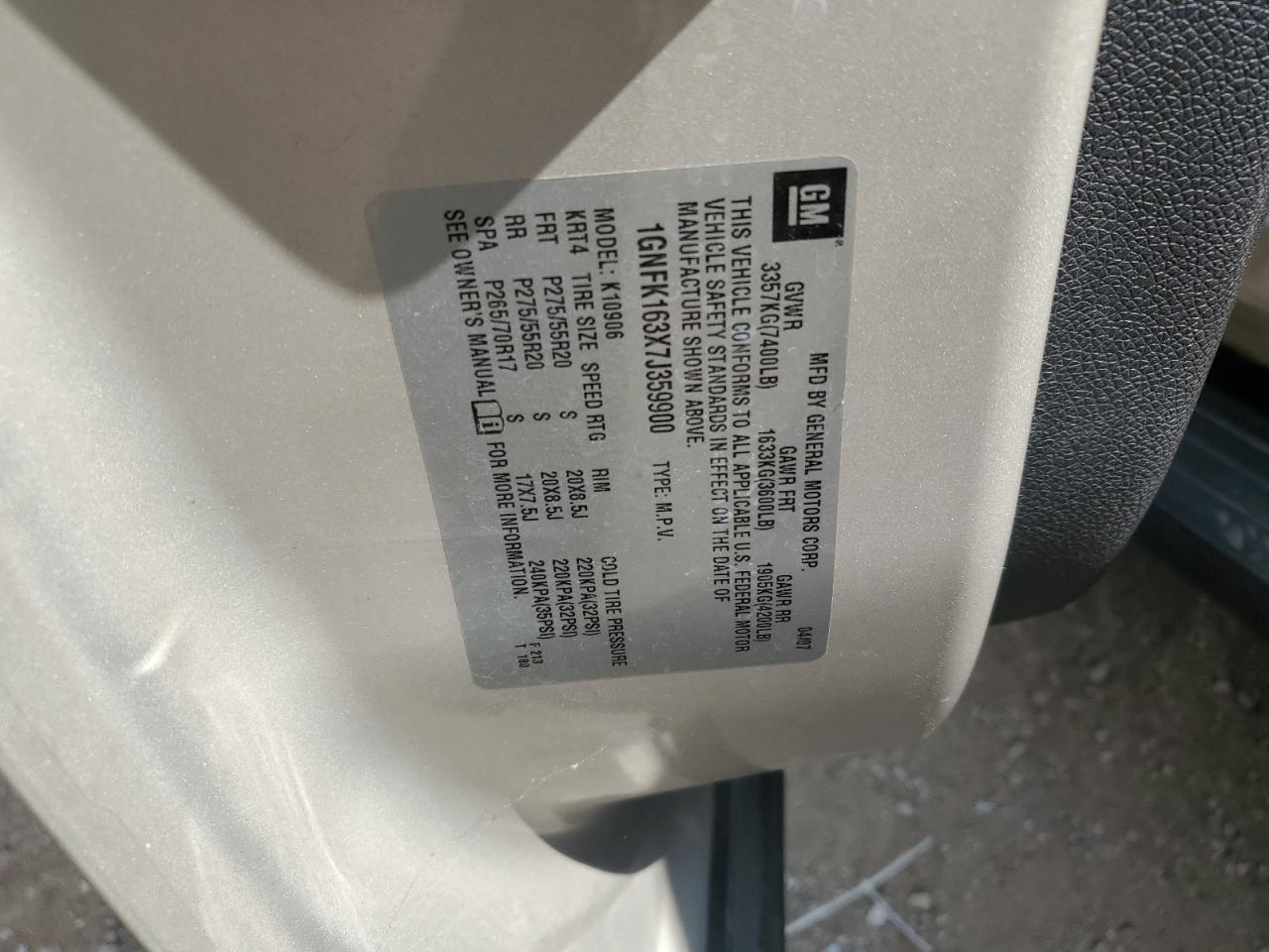 2007 Chevrolet Suburban K1500 VIN: 1GNFK163X7J359900 Lot: 67599015