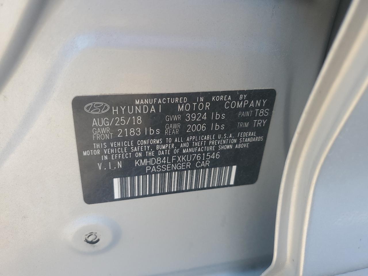 2019 Hyundai Elantra Sel VIN: KMHD84LFXKU761546 Lot: 68882025