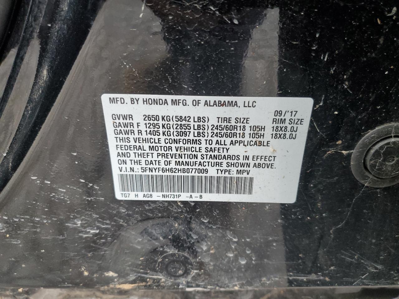 2017 Honda Pilot Exl VIN: 5FNYF6H62HB077009 Lot: 68286985