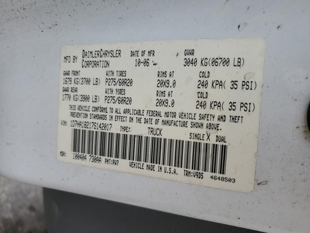 2007 Dodge Ram 1500 St VIN: 1D7HA18217S142017 Lot: 69800055