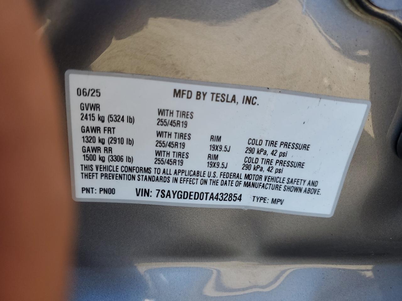 2026 Tesla Model Y VIN: 7SAYGDED0TA432854 Lot: 70314285