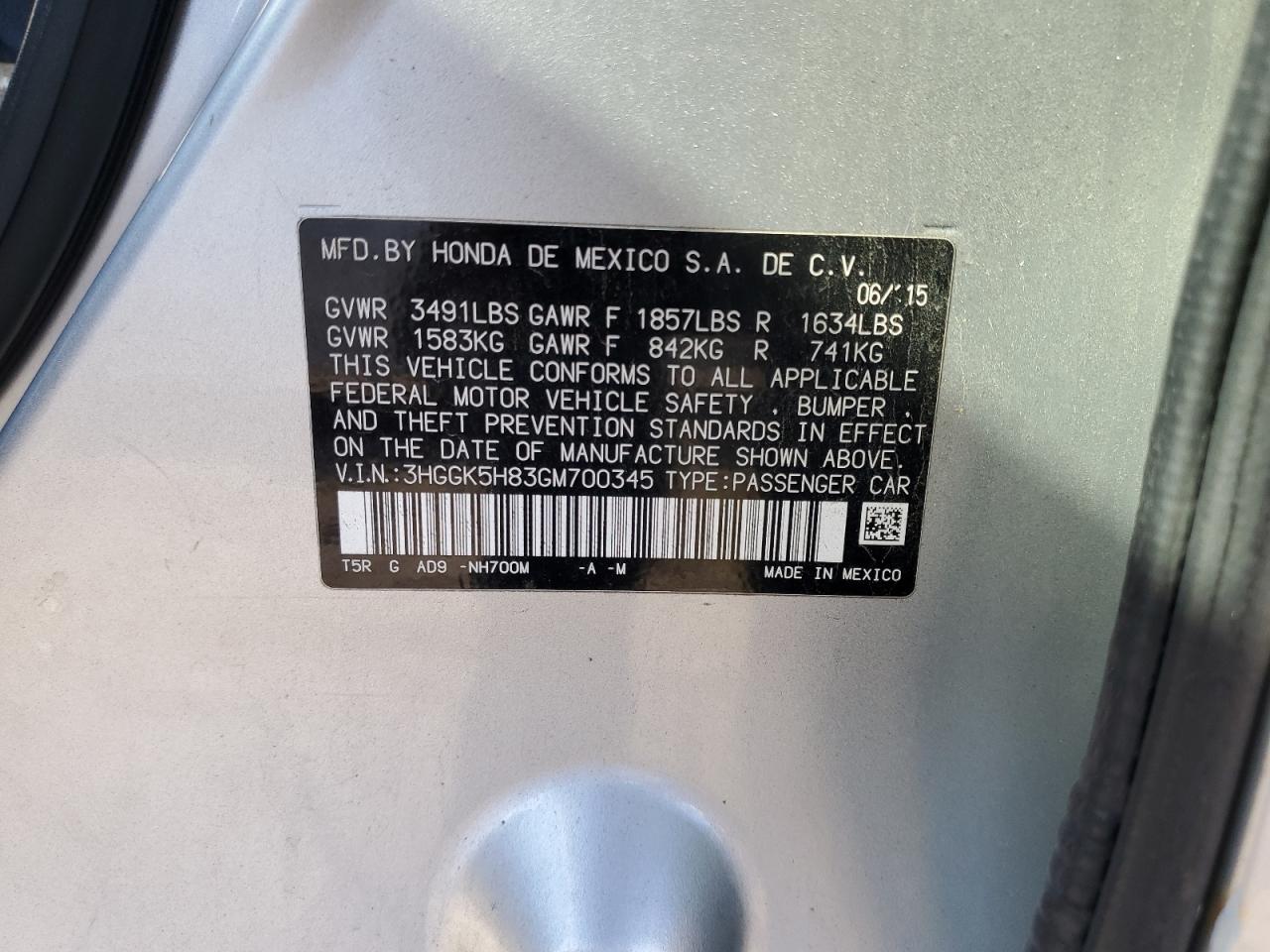 2016 Honda Fit Ex VIN: 3HGGK5H83GM700345 Lot: 69977135