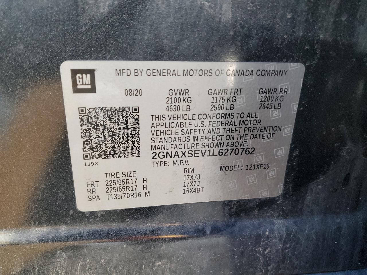 2020 Chevrolet Equinox Ls VIN: 2GNAXSEV1L6370762 Lot: 69131035