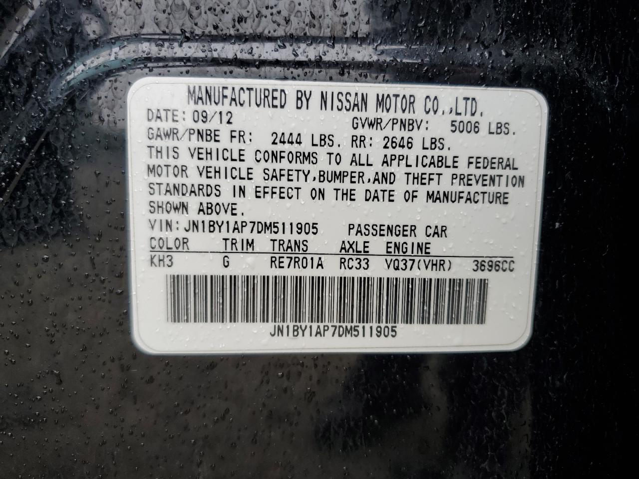 2013 Infiniti M37 VIN: JN1BY1AP7DM511905 Lot: 68931615