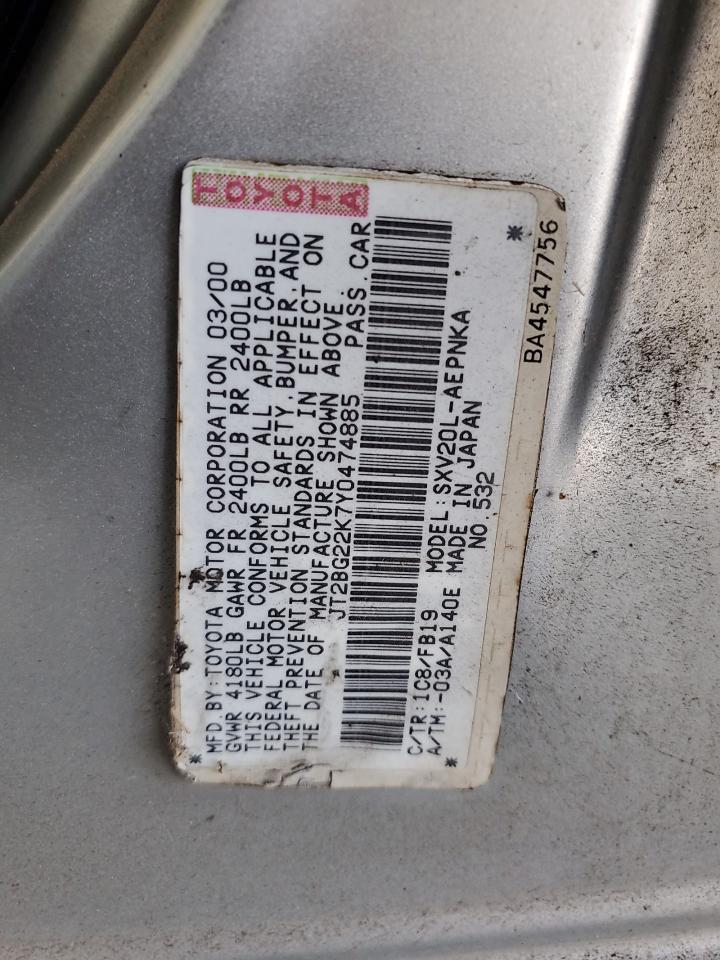 2000 Toyota Camry Le VIN: JT2BF28K4Y0269602 Lot: 69127465