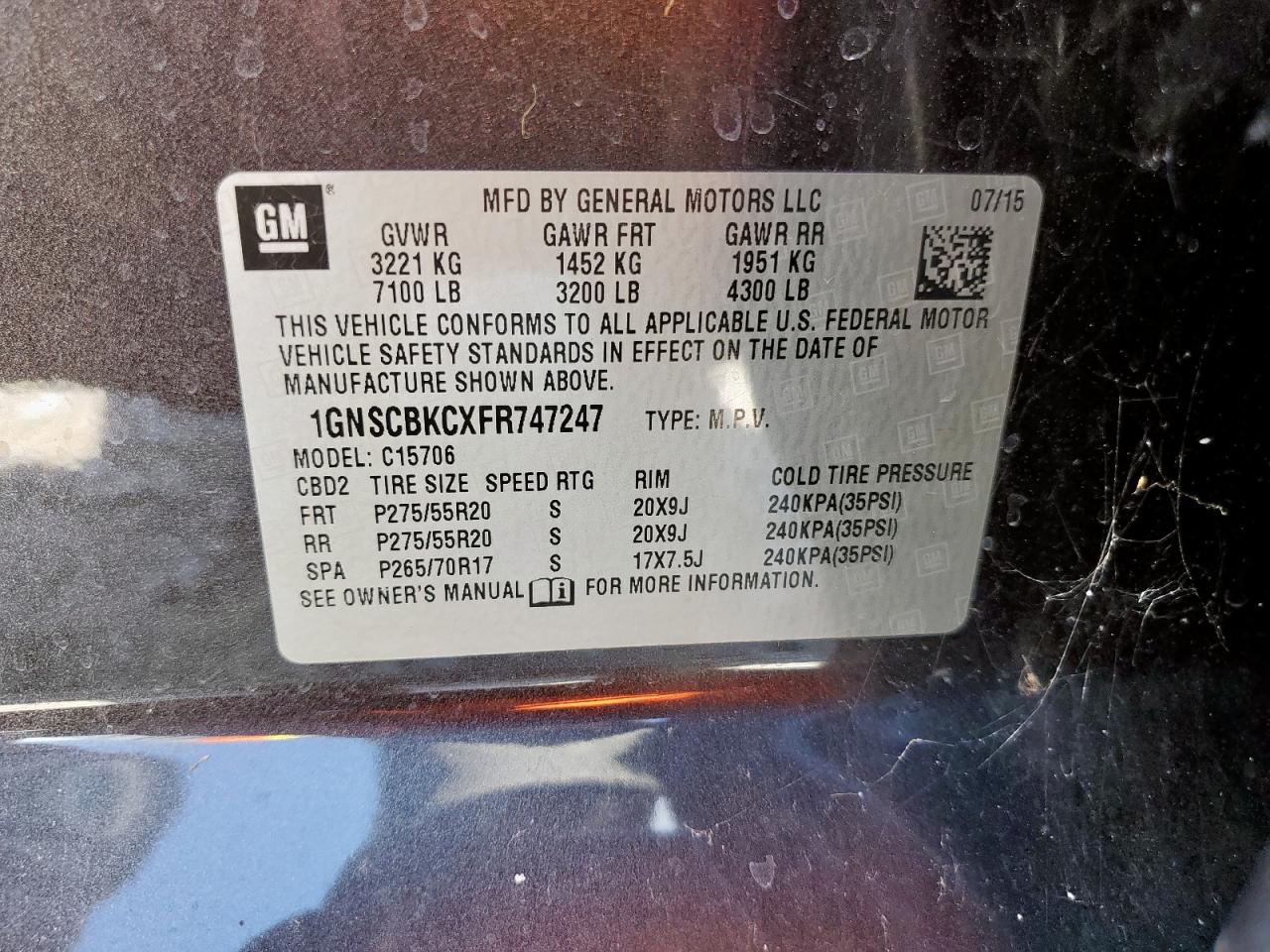 2015 Chevrolet Tahoe C1500 Lt VIN: 1GNSCBKCXFR747247 Lot: 68368555