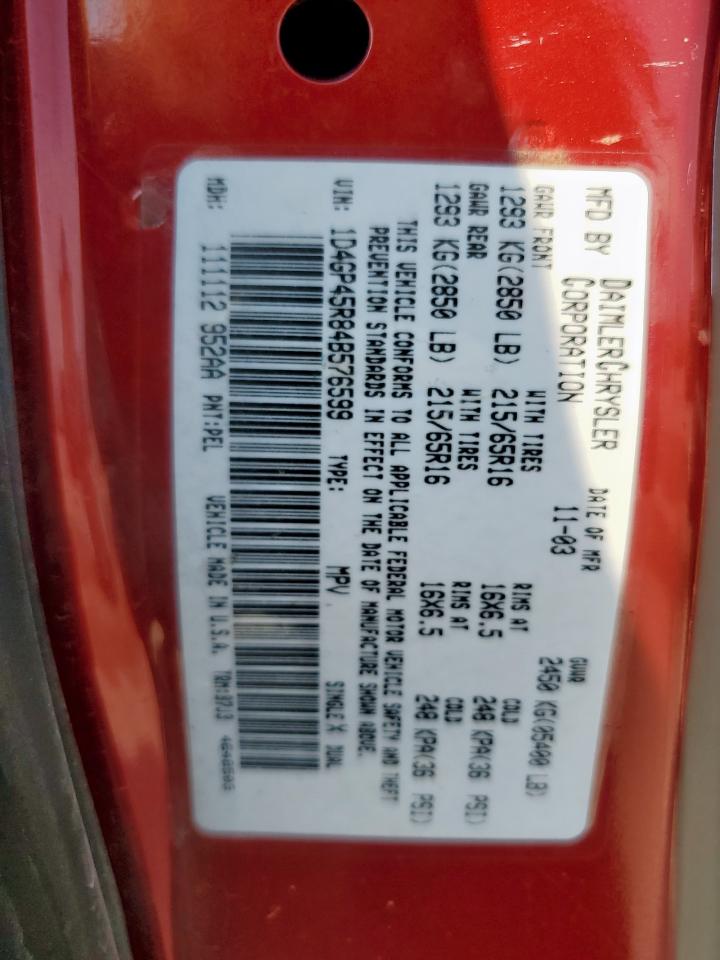 2004 Dodge Caravan Sxt VIN: 1D4GP45R84B576599 Lot: 70283435