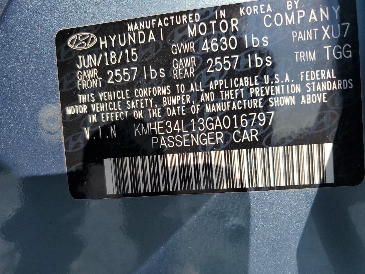 2016 Hyundai Sonata Hybrid VIN: KMHE34L13GA016797 Lot: 69058455