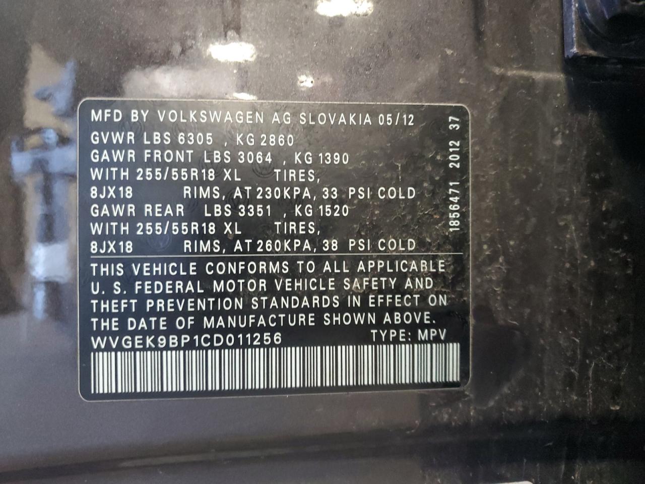 2012 Volkswagen Touareg V6 Tdi VIN: WVGEK9BP1CD011256 Lot: 70214245