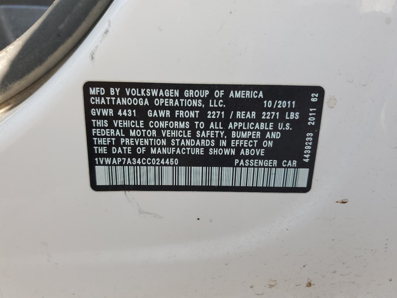 2012 Volkswagen Passat S VIN: 1VWAP7A34CC024450 Lot: 66349645