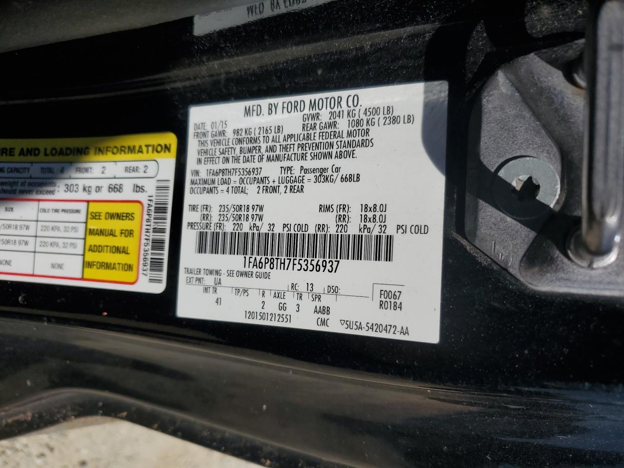 2015 Ford Mustang VIN: 1FA6P8TH7F5356937 Lot: 70586125