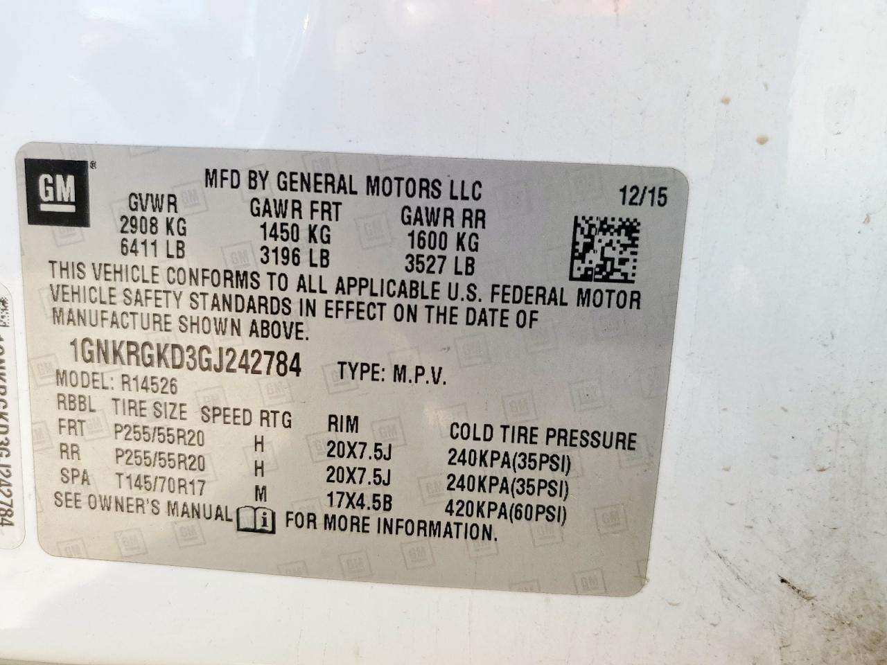 2016 Chevrolet Traverse Lt VIN: 1GNKRGKD3GJ242784 Lot: 68963925