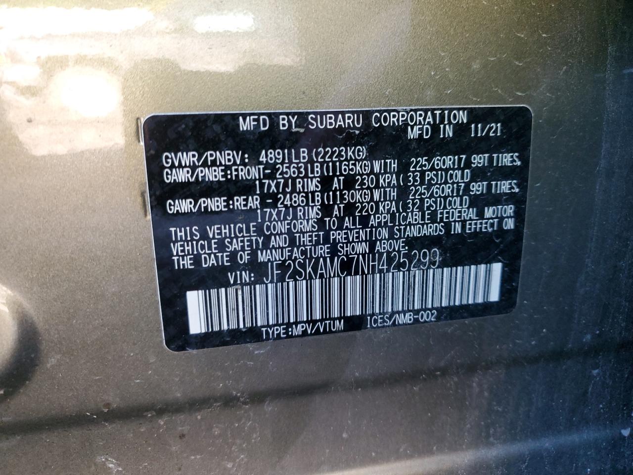 2022 Subaru Forester Wilderness VIN: JF2SKAMC7NH425299 Lot: 70058245