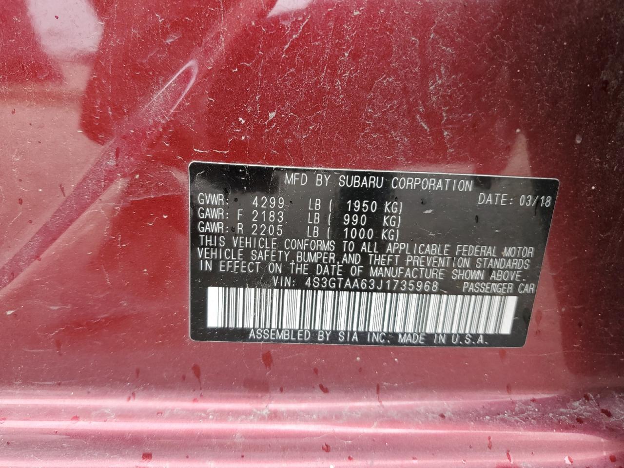 2018 Subaru Impreza VIN: 4S3GTAA63J1735968 Lot: 70353665