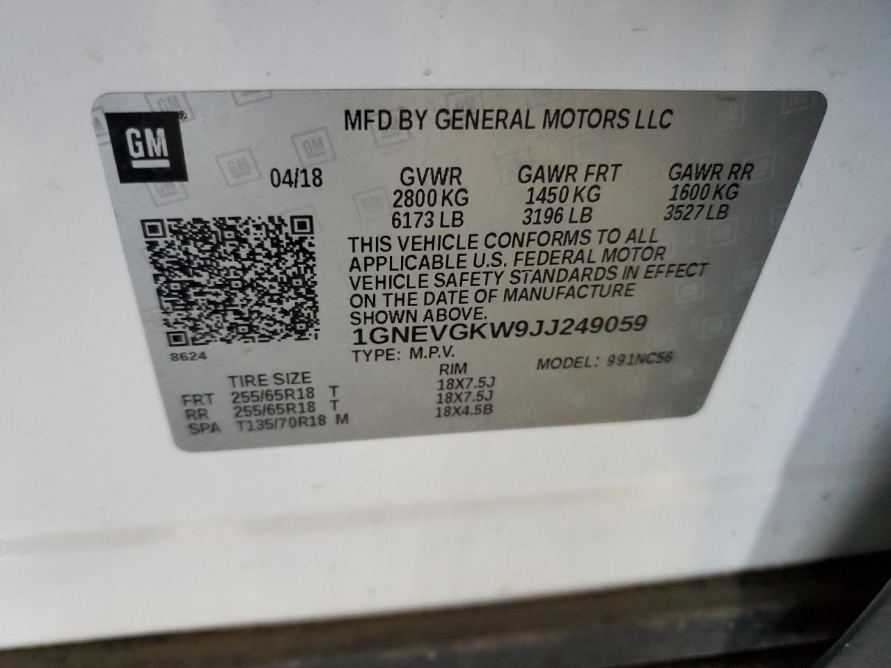 2018 Chevrolet Traverse Lt VIN: 1GNEVGKW9JJ249059 Lot: 70420205