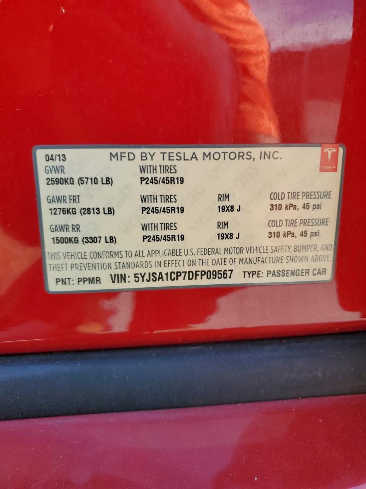 2013 Tesla Model S VIN: 5YJSA1CP7DFP09567 Lot: 69752485
