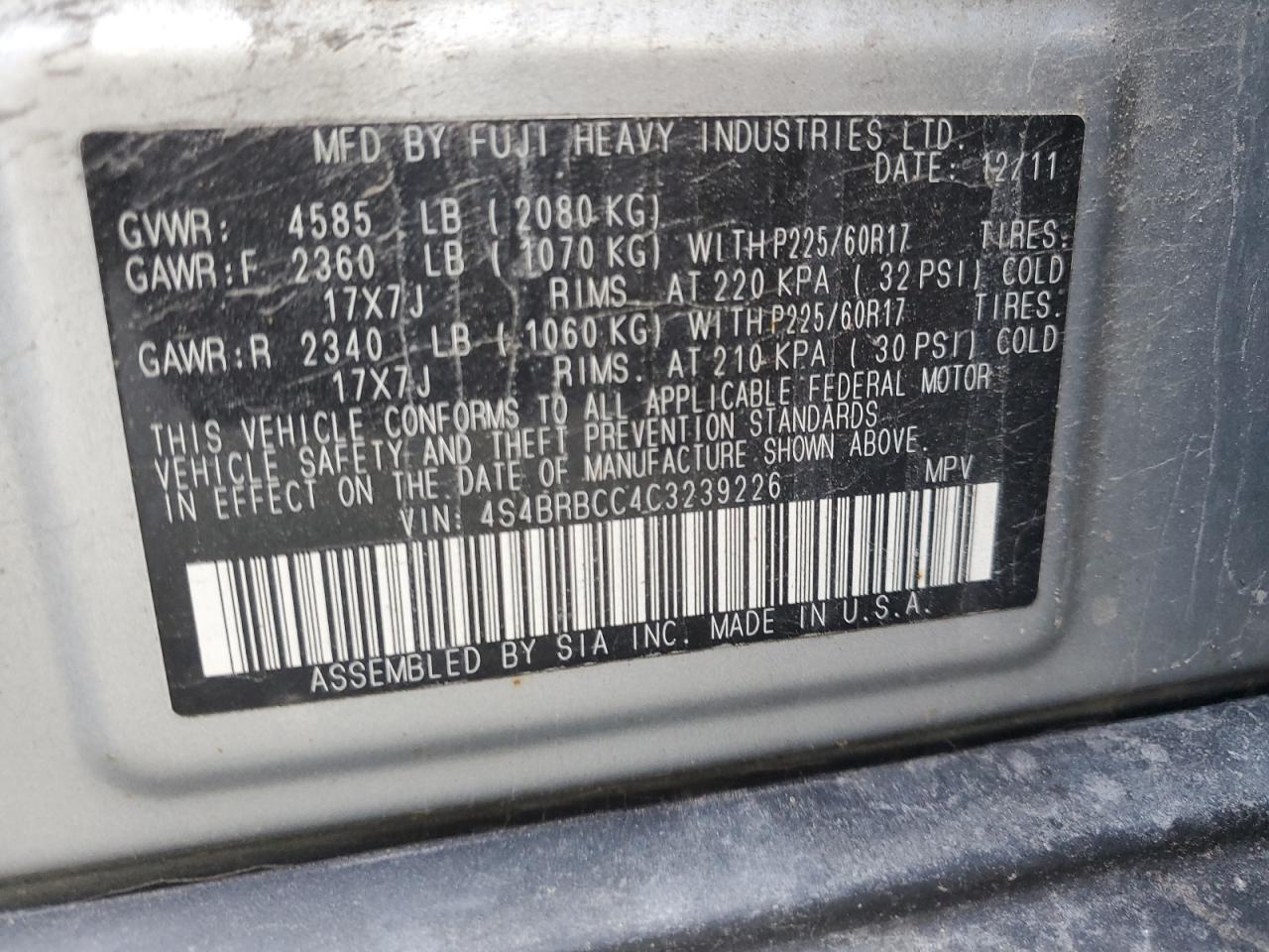 2012 Subaru Outback 2.5I Premium VIN: 4S4BRBCC4C3239226 Lot: 66081055