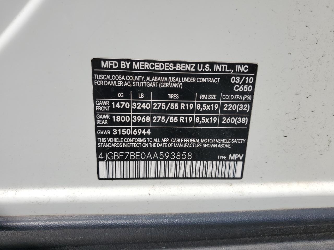 2010 Mercedes-Benz Gl 450 4Matic VIN: 4JGBF7BE0AA593858 Lot: 67915845