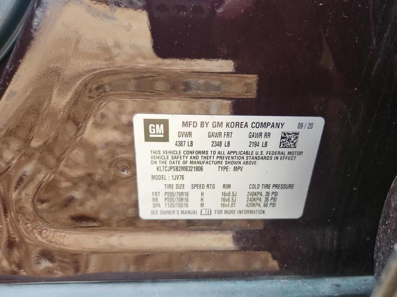 2021 Chevrolet Trax 1Lt VIN: KL7CJPSB2MB321806 Lot: 67491905