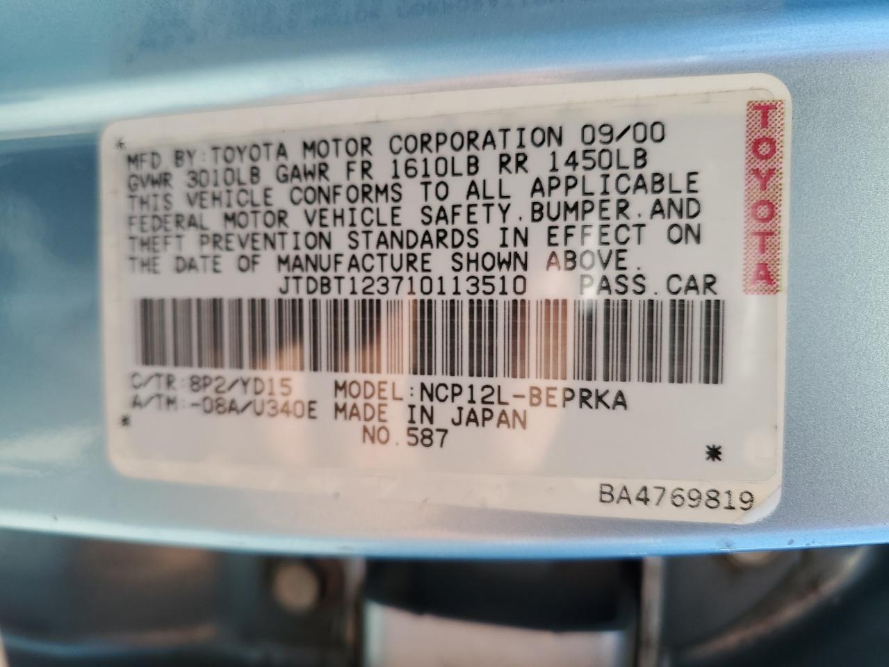 2001 Toyota Echo VIN: JTDBT123710113510 Lot: 68354105