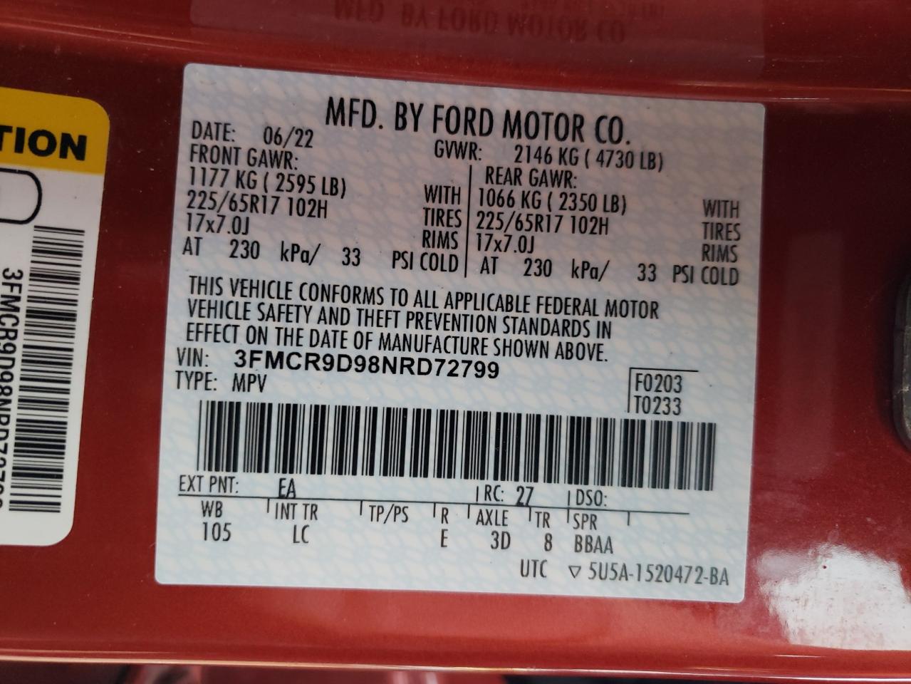 2022 Ford Bronco Sport Badlands VIN: 3FMCR9D98NRD72799 Lot: 67184375