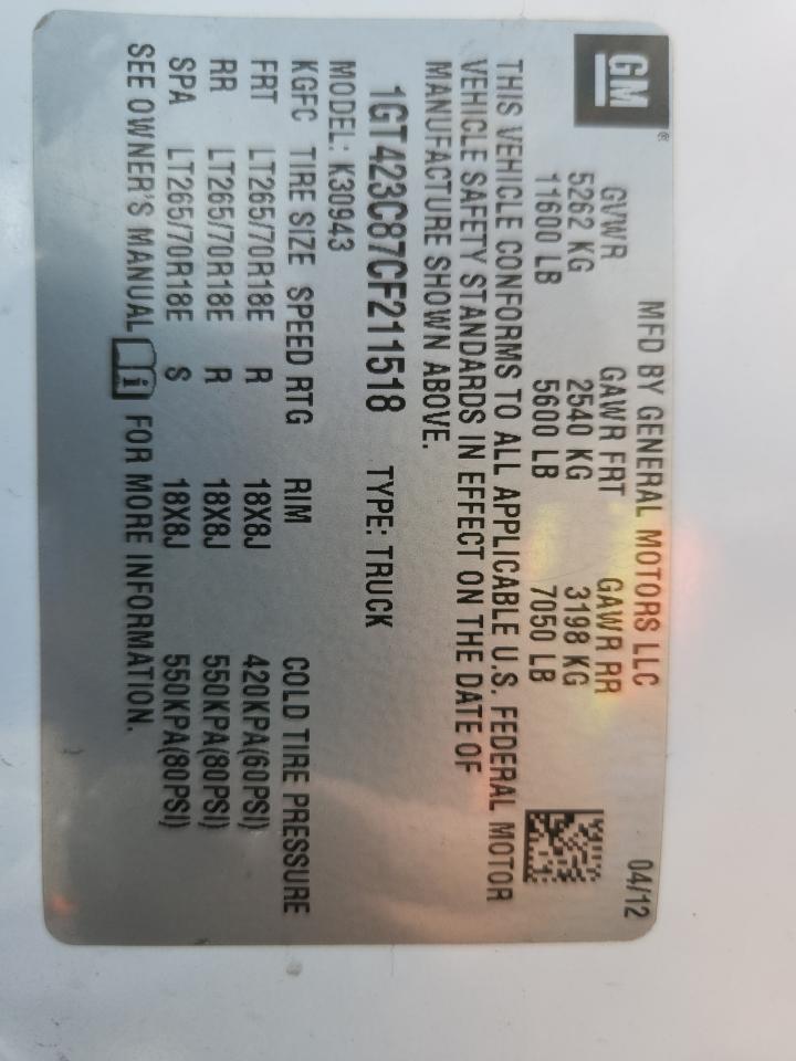 2012 GMC Sierra K3500 Sle VIN: 1GT423C87CF211518 Lot: 69486505