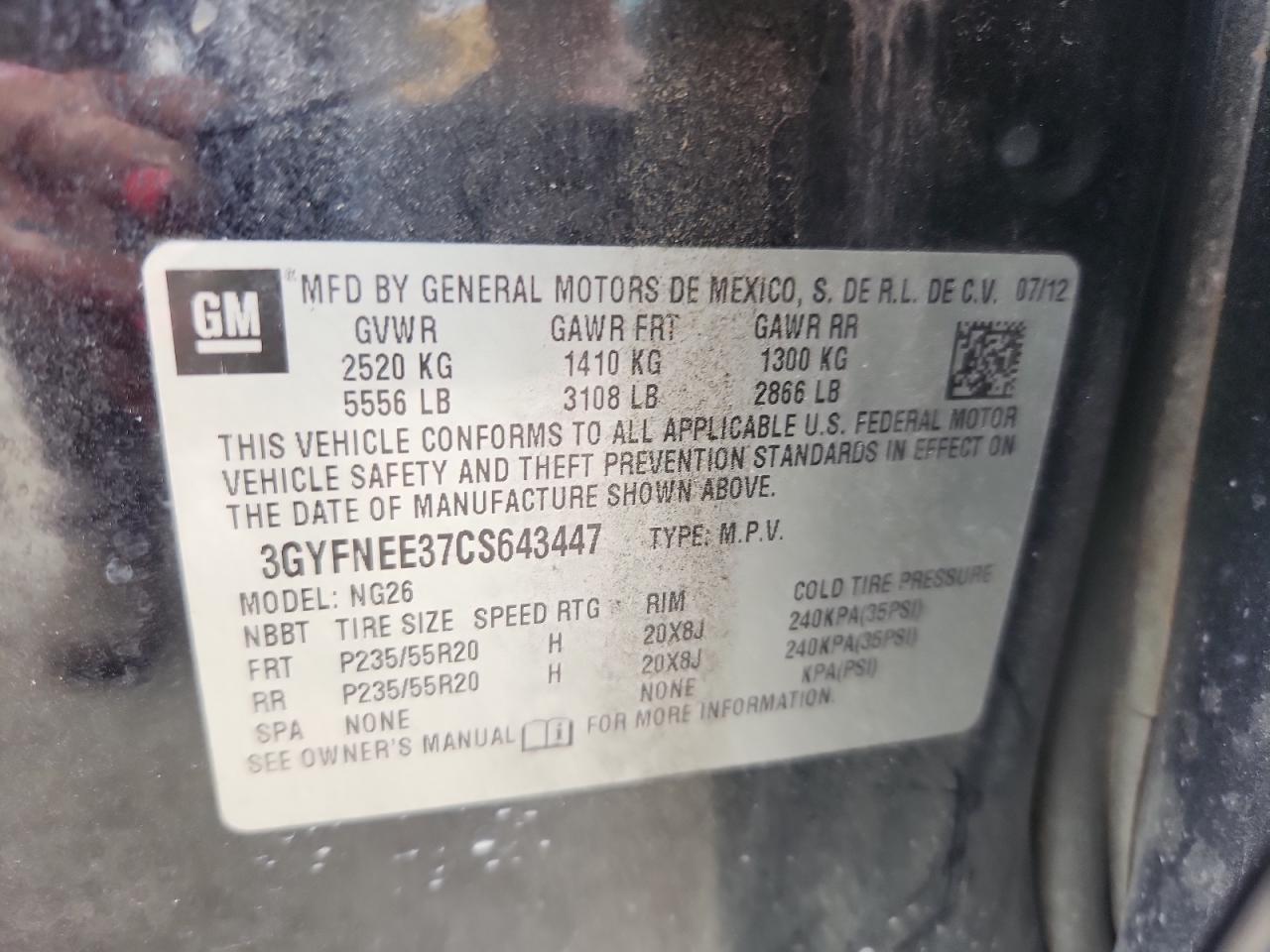 2012 Cadillac Srx Performance Collection VIN: 3GYFNEE37CS643447 Lot: 68215895