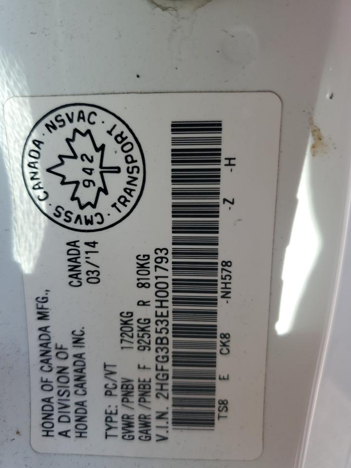 2014 Honda Civic Lx VIN: 2HGFG3B53EH001793 Lot: 67010495