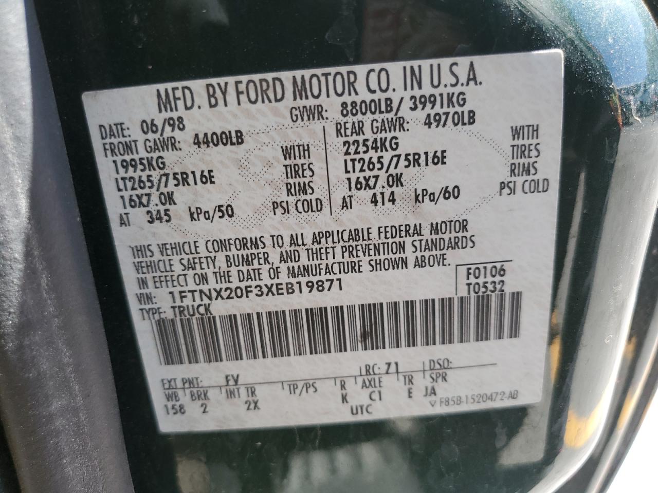 1999 Ford F250 Super Duty VIN: 1FTNX20F3XEB19871 Lot: 69097345