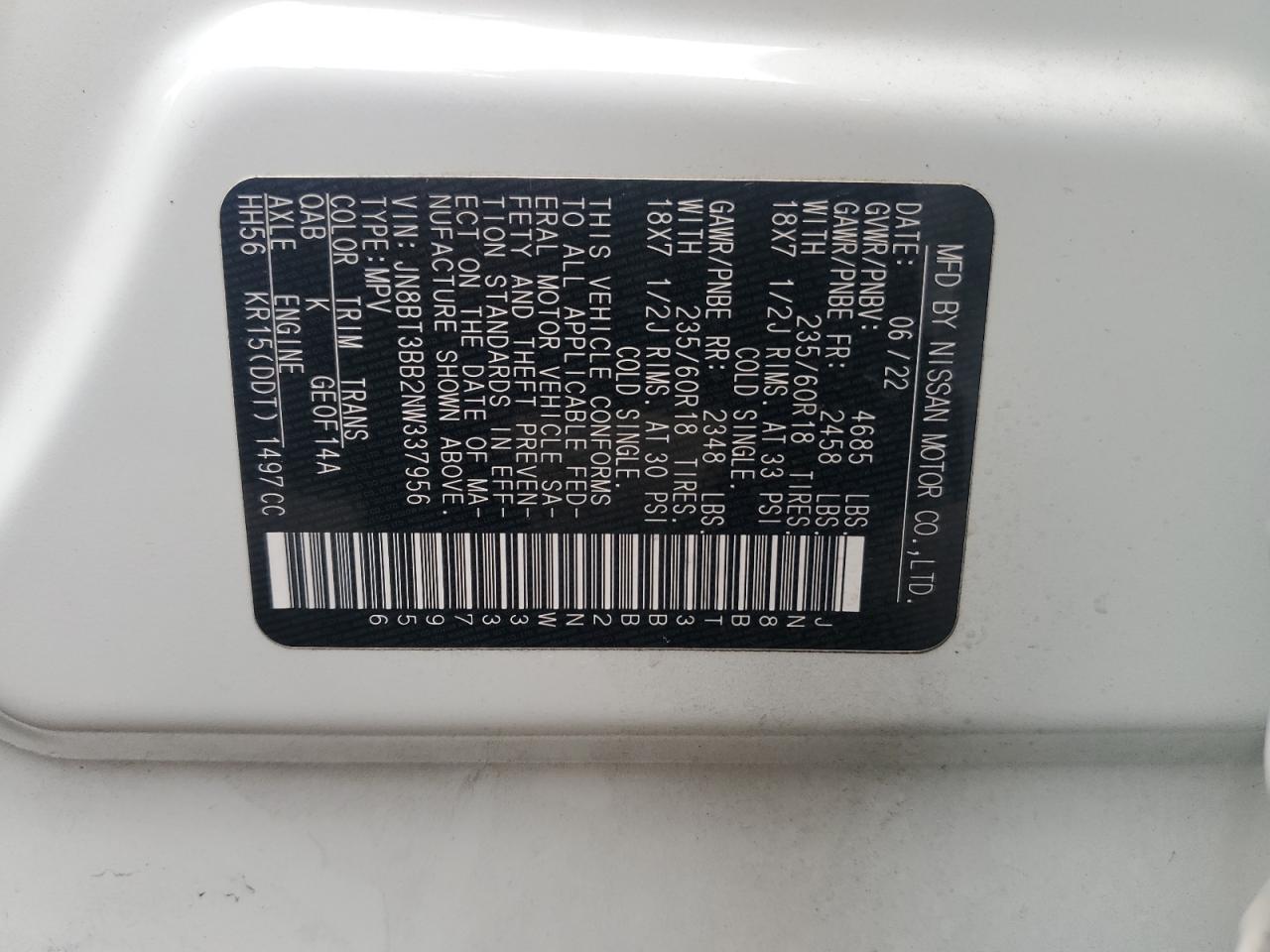 2022 Nissan Rogue Sv VIN: JN8BT3BB2NW337956 Lot: 69225785