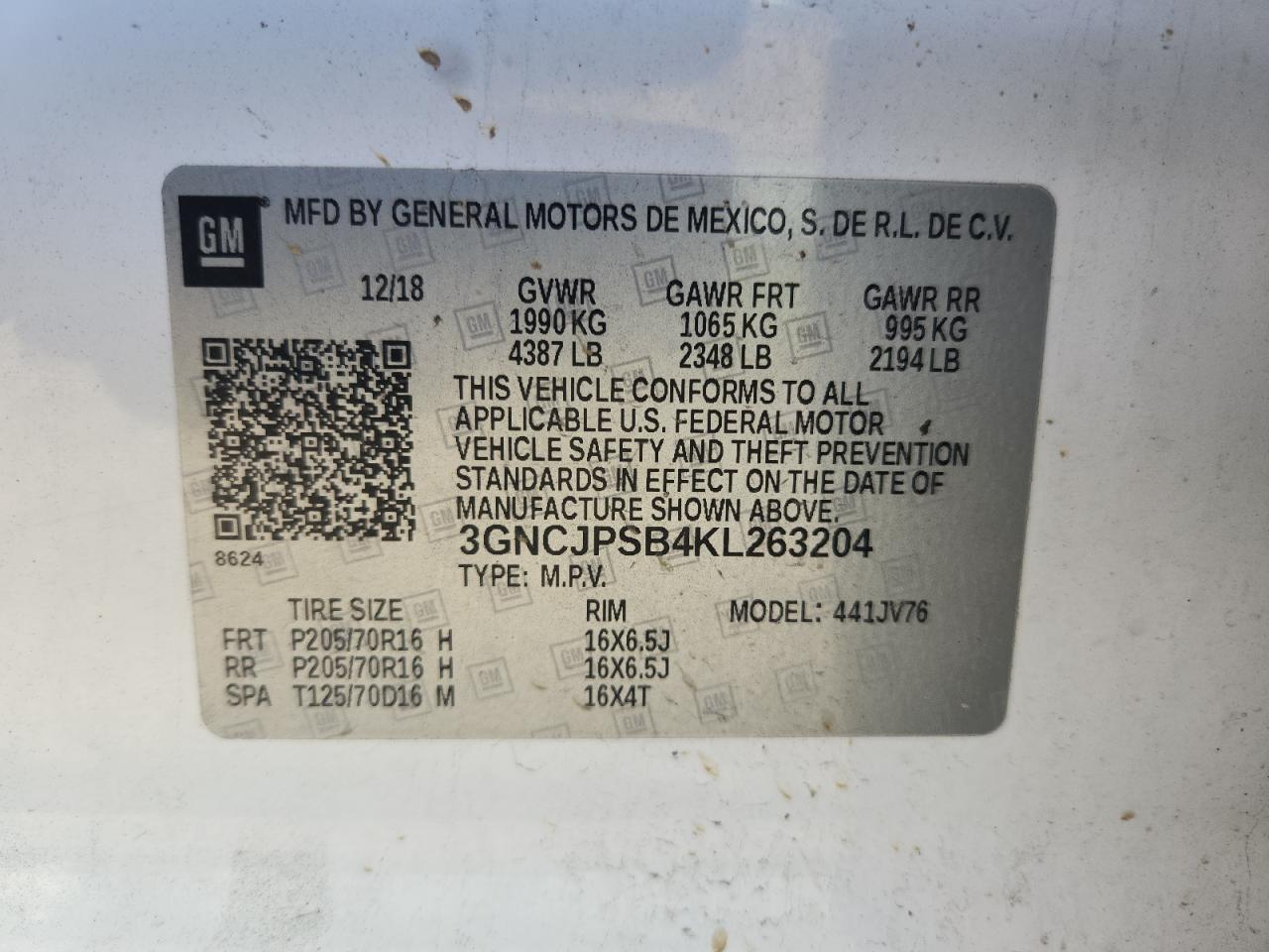 2019 Chevrolet Trax 1Lt VIN: 3GNCJPSB4KL263204 Lot: 70416025