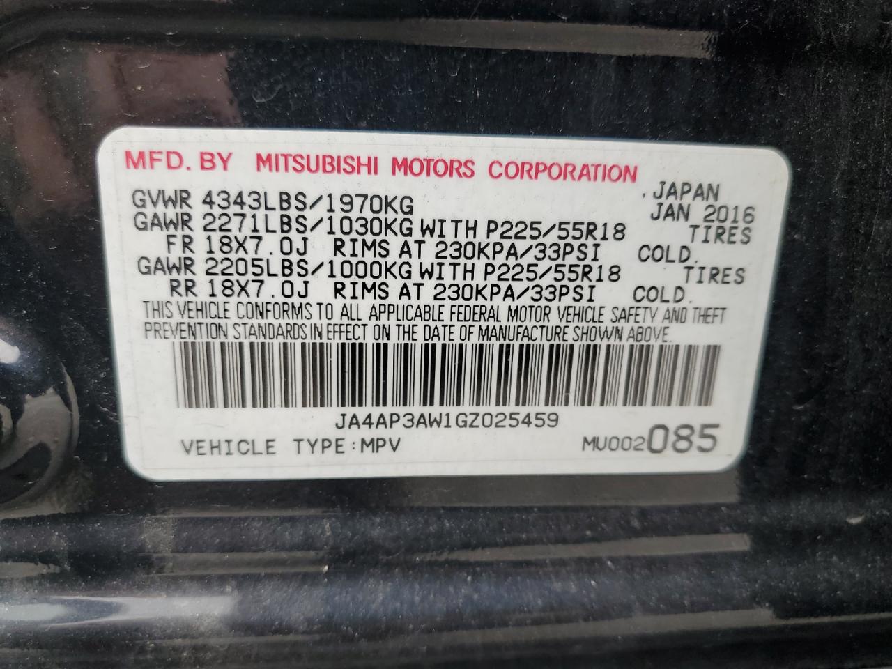 2016 Mitsubishi Outlander Sport Es VIN: JA4AP3AW1GZ025459 Lot: 67240855