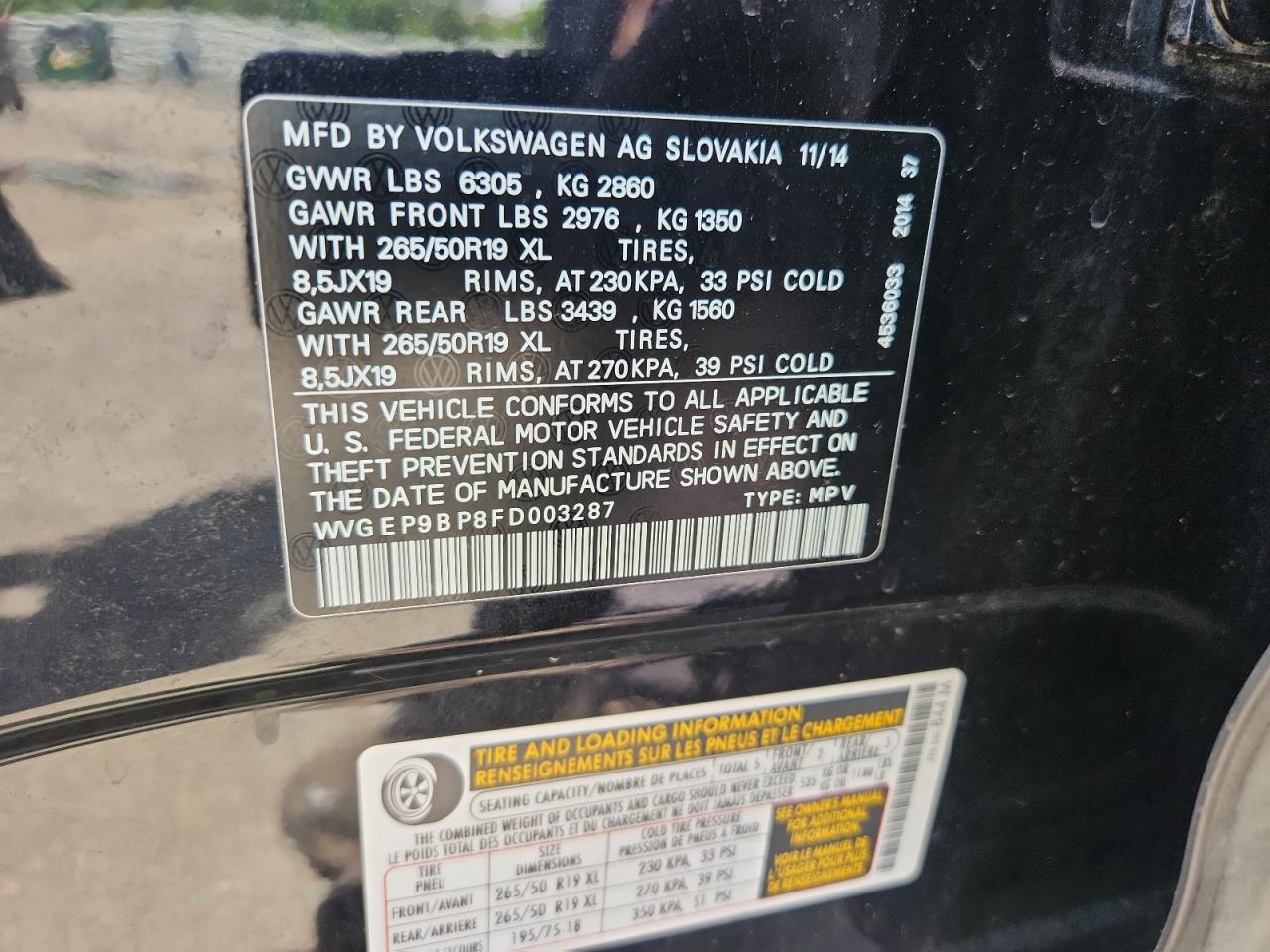 2015 Volkswagen Touareg V6 Tdi VIN: WVGEP9BP8FD003287 Lot: 70848565