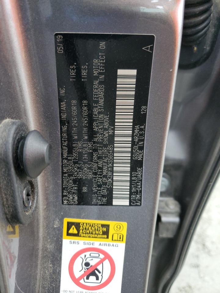 2019 Toyota Highlander Se VIN: 5TDKZRFH1KS565485 Lot: 68022545