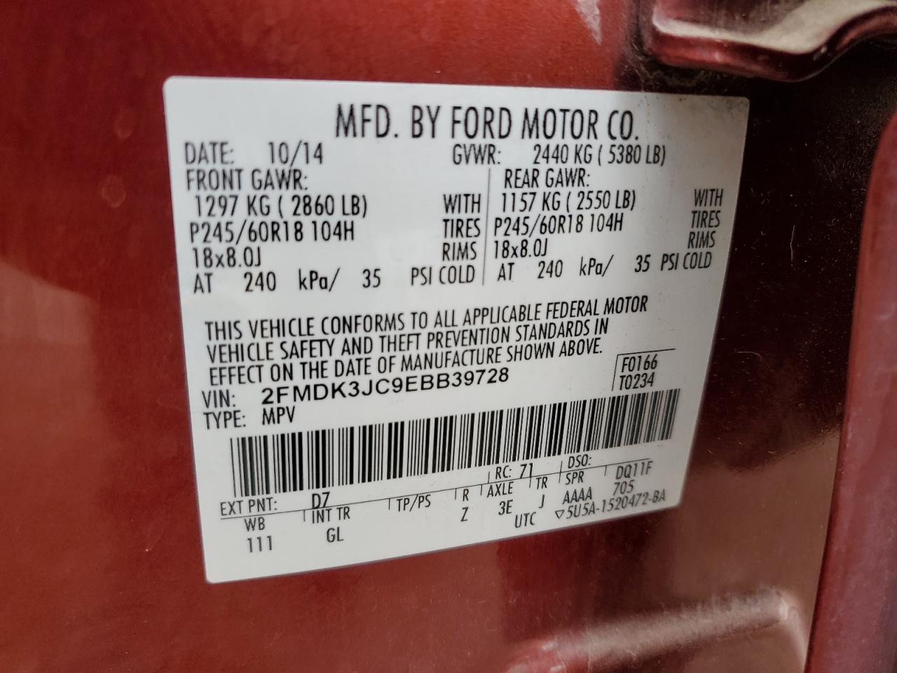 2014 Ford Edge Sel VIN: 2FMDK3JC9EBB39728 Lot: 70695445