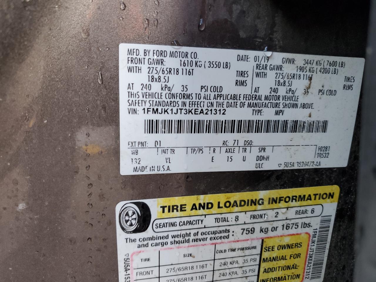 2019 Ford Expedition Max Xlt VIN: 1FMJK1JT3KEA21312 Lot: 69417515