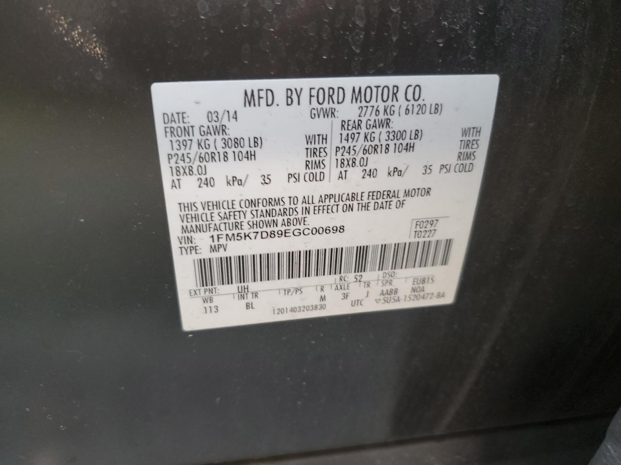 2014 Ford Explorer Xlt VIN: 1FM5K7D89EGC00698 Lot: 68902025