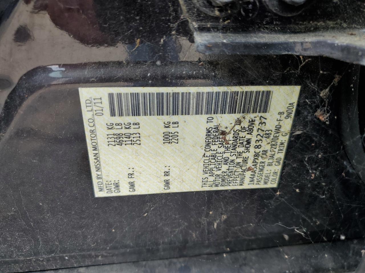 2011 Nissan Maxima S VIN: 1N4AA5APXBC832737 Lot: 67537075
