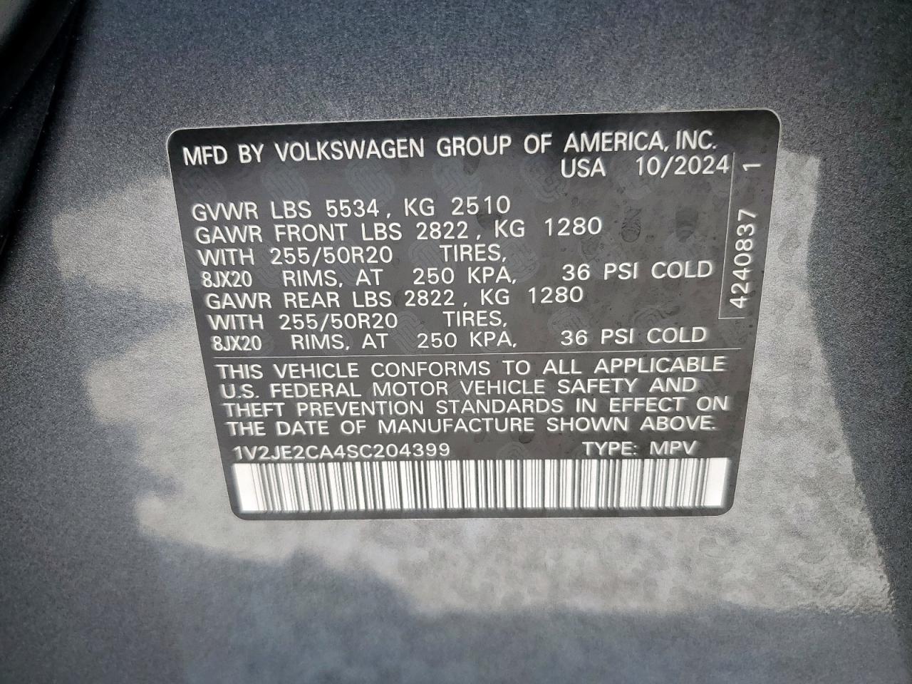 2025 Volkswagen Atlas Cross Sport Se VIN: 1V2JE2CA4SC204399 Lot: 70093975