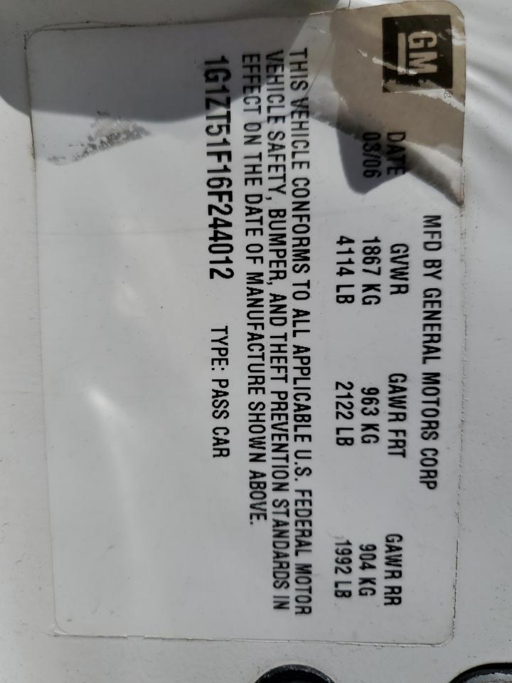 2006 Chevrolet Malibu Lt VIN: 1G1ZT51F16F244012 Lot: 68283305