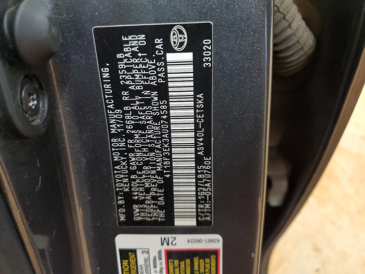 2010 Toyota Camry Base VIN: 4T1BF3EK3AU074585 Lot: 70553525